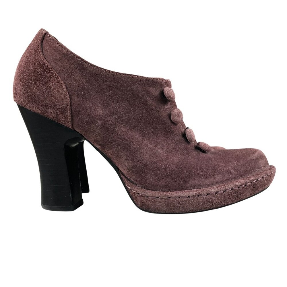 Born Crown Women's Size 8 Purple Suede Button & Loop High Heel Zip Ankle Booties